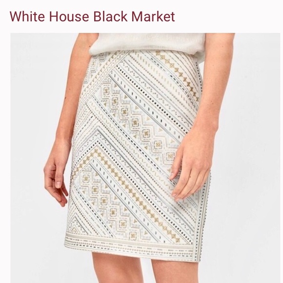 White House Black Market Metallic Studs Mini Skirt White Silver Gold - Picture 2 of 9